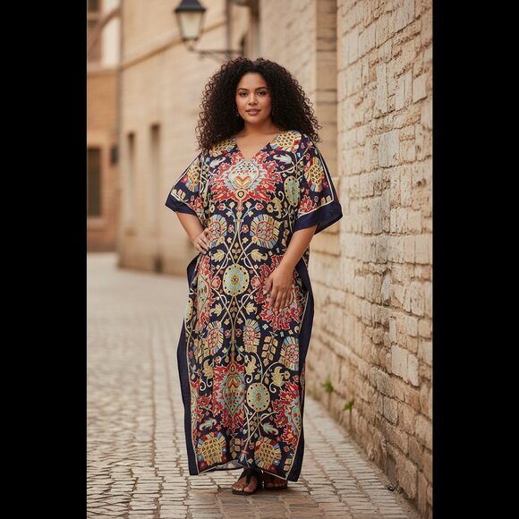 Women Plus Size Moo Moos Floral Print Navy Blue Kaftan Dress by Gypsie Blu - Picture 1 of 9